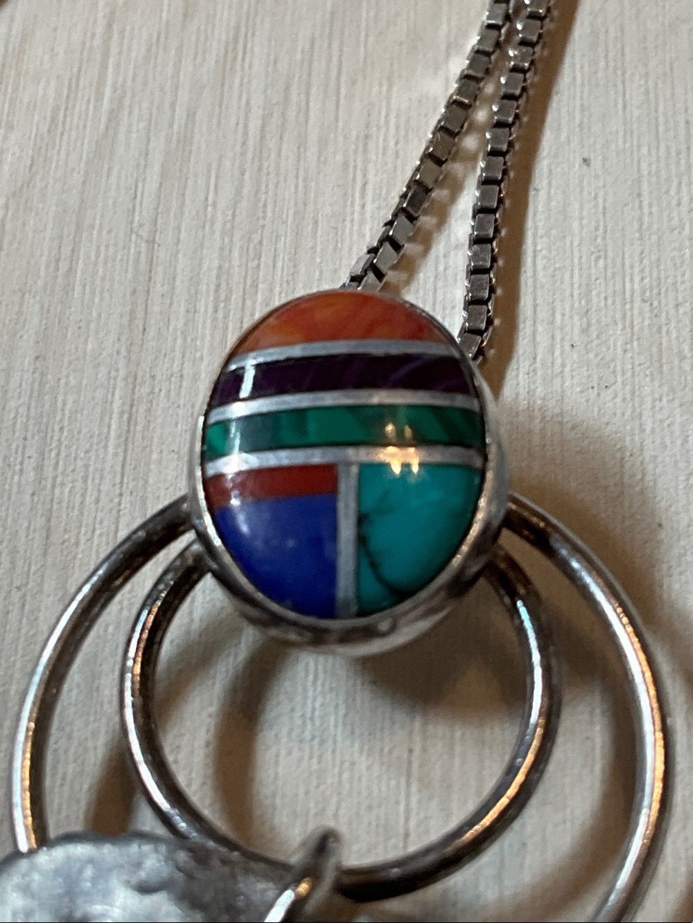 Sterling Silver Buffalo Pendant Necklace with Multicolor Inlay - Picture 11 of 14